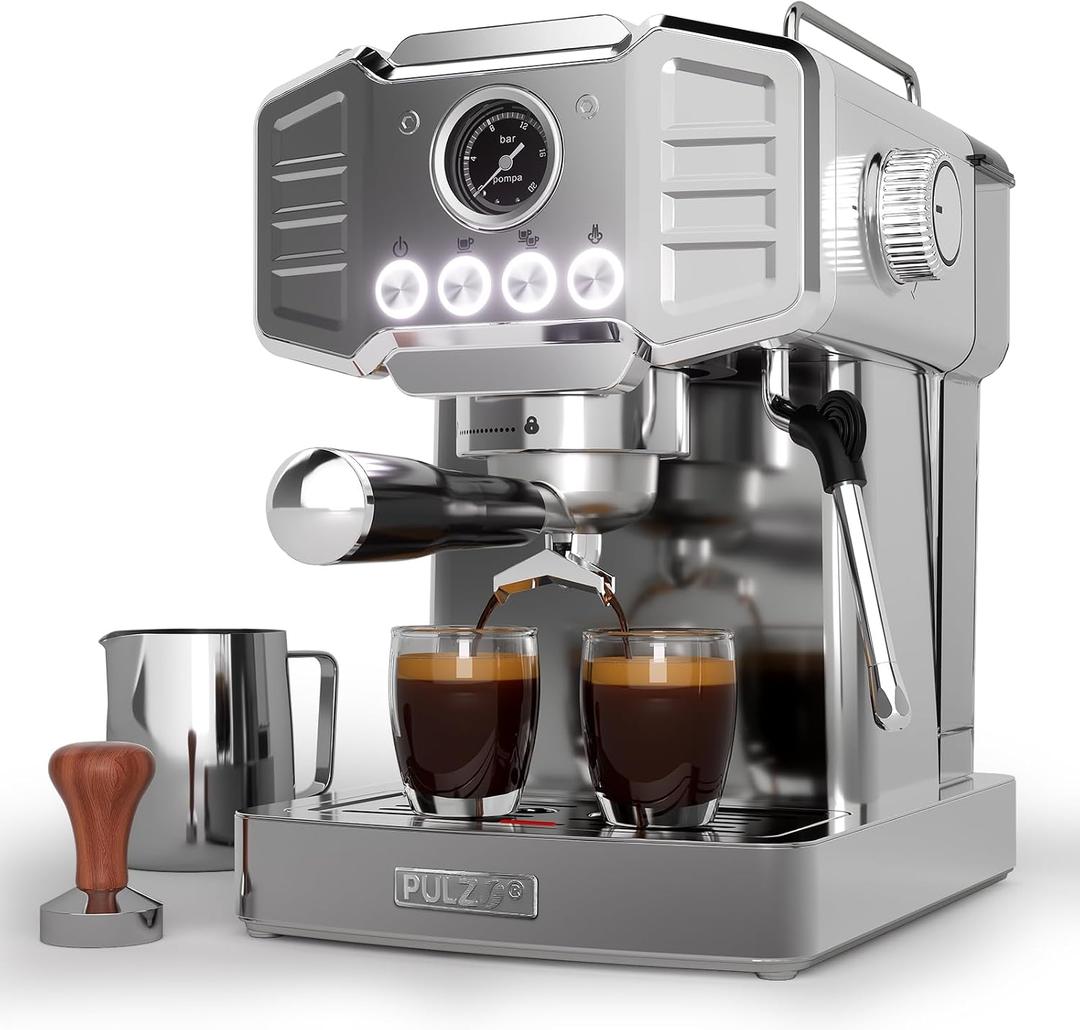 20-Bar Espresso Machine for Home Barista, Built-In Steam Wand for Latte & Cappuccino, Stainless Steel Professional Coffee Machine with Visible Pressure Guagem, Powder Press and Milk Frothing Pitcher