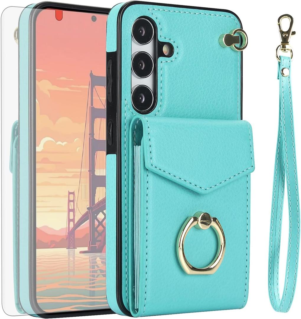 Asuwish Phone Case for Samsung Galaxy S24 Plus S24+ 5G Wallet Cover with Tempered Glass Screen Protector and RFID Blocking Ring Credit Card Holder Leather Cell S24plus 24S + S 24 24+ Women Men Teal