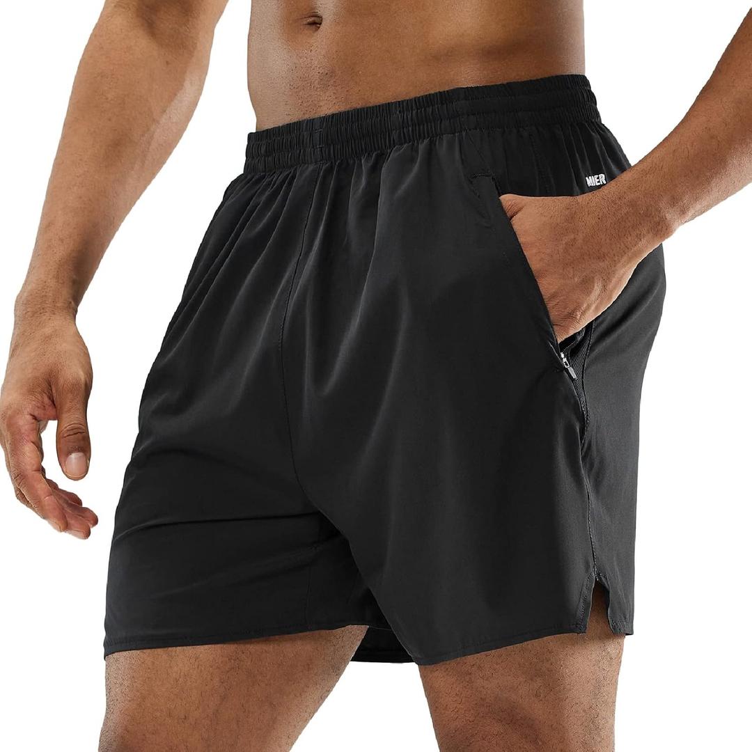 MIER Men's Workout Running Shorts Quick Dry Active 5 Inches Shorts with Pockets, Lightweight, Breathable (Medium, Black With Zipper)