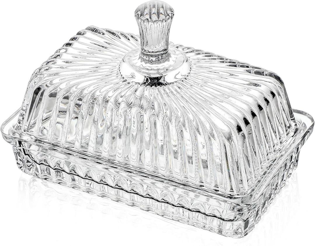 Clear Crystal Butter Dish with Lid, 6.2" Covered Glass Butter Dish with Cover Long Handle, Crystal Glass ButterTray for Countertop