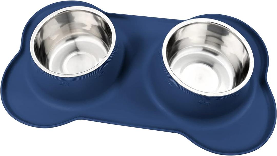 AsFrost Dog Food Bowls Stainless Steel Dog Food & Water Bowl Set with No Spill No Slip Silicone Mat, Dog Dishes for Small, Medium Size Dogs Pet Cat Puppy Food Feeding Bowls, Blue, 24oz, 3 Cup