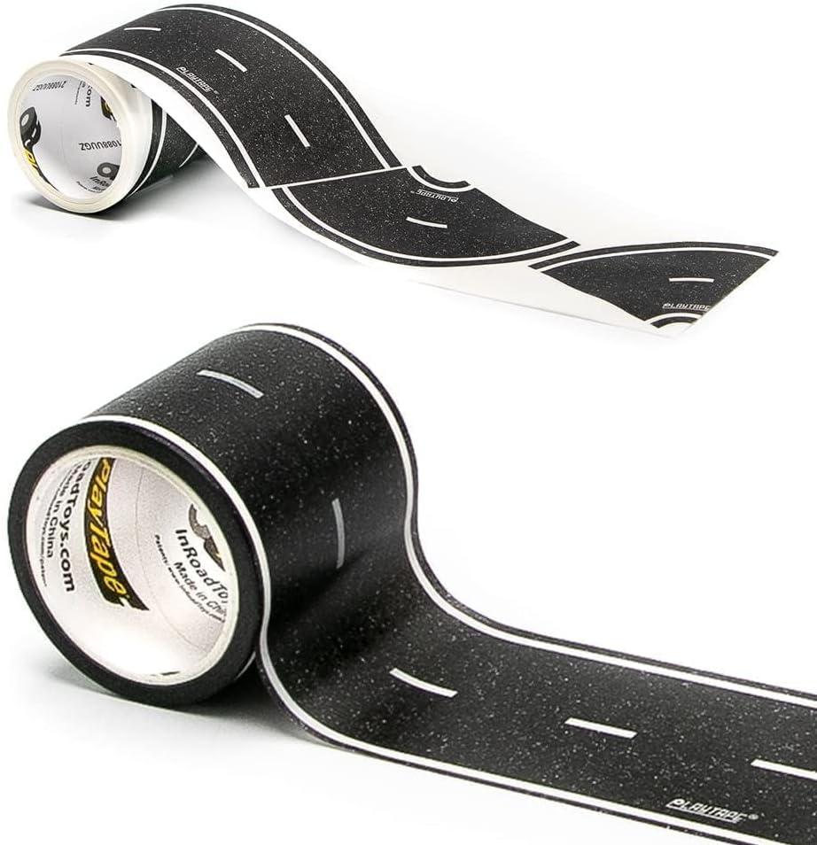 PlayTape Road Tape and Curves for Toy Cars - 1 Roll of 30 ft. x 2 in. Asphalt Road + 1 Roll of 36 Curves