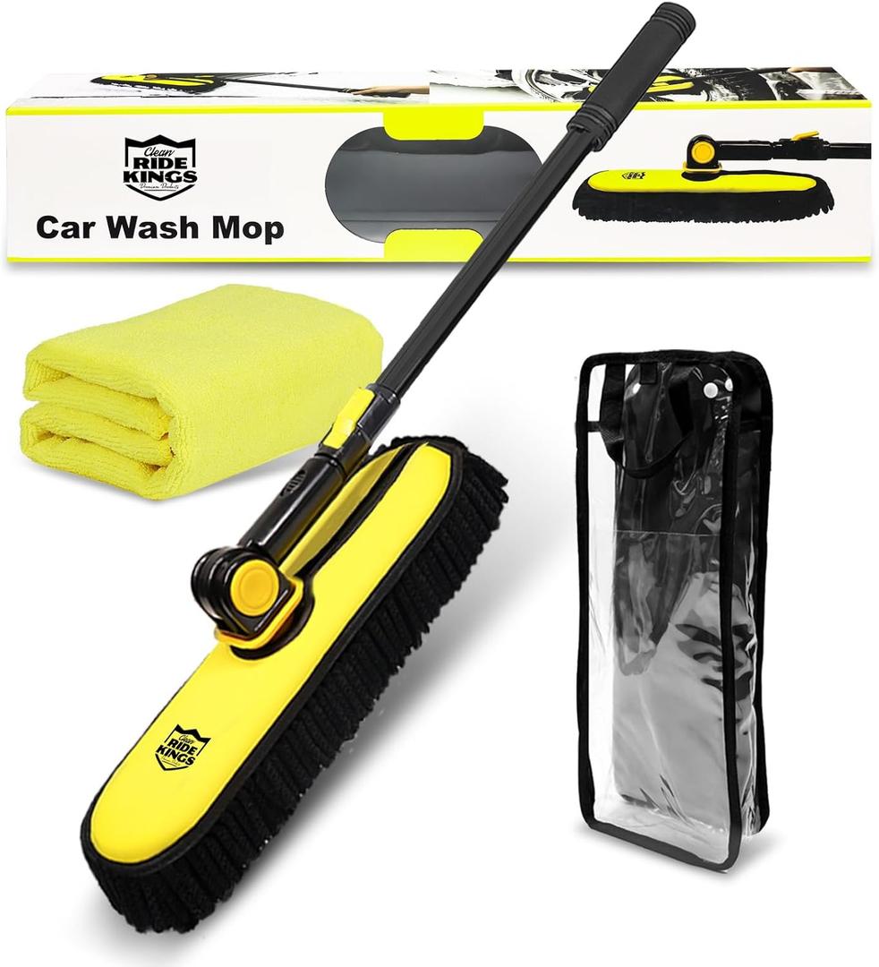 Car Wash Brush with Long Handle,Chenille Microfiber Car Washing Supplies,Scratch Free Car Wash Mop for Car Wheel Tire,Rv Truck Boat,1PC Microfiber Towels for Cars 16" x16"-Yellow