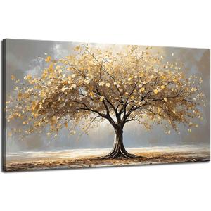 Large Gold Tree of Life Canvas Wall Art Retro Abstract Tree Decor painting Picture Nordic Golden Plant Flowers Posters Prints for living room Bathroom Bedroom Office Hallway Home Decoration, 48"L x 24"W