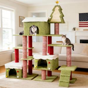 Green Cat Tree Tower with Cozy Condos, Multi-Level Green Cat Tower with Scratching Posts, Cat House Furniture with Snow Roof & Tree Design, Stable Cat Playground for Indoor Cats (Christmas 74.4in)