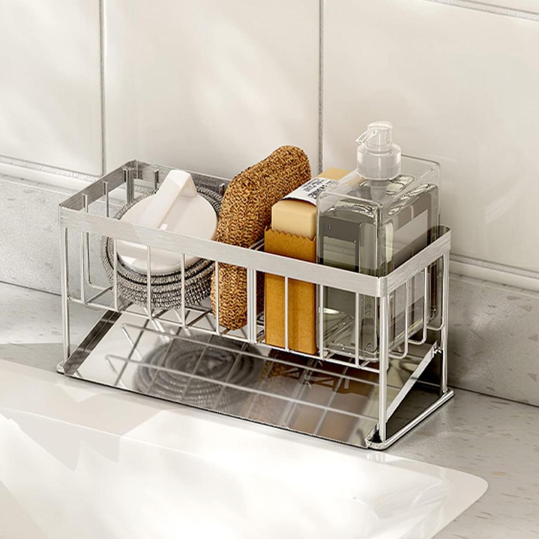 Sink Caddy - Kitchen Sink Organizer - Quick Draining, 304 Stainless Steel Tray (Silvery)