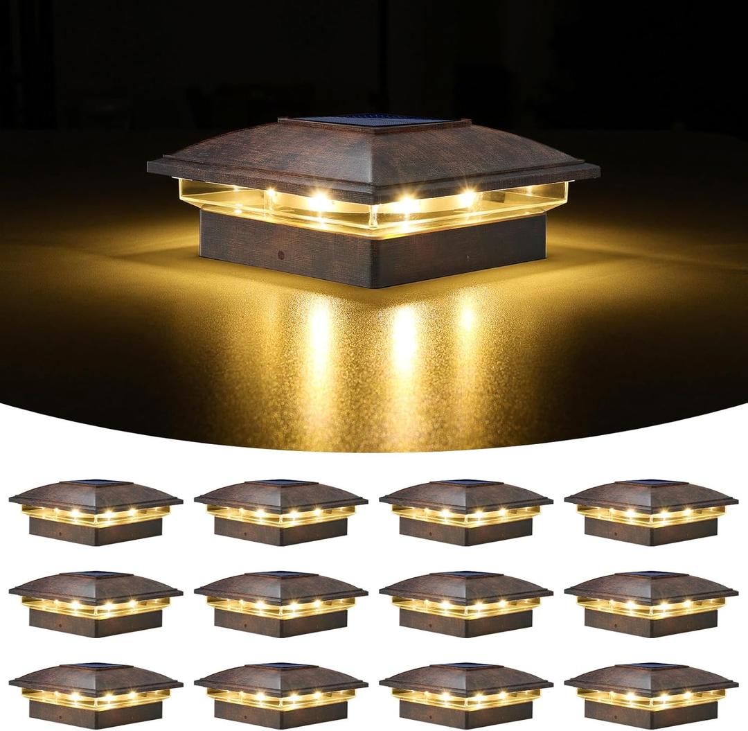 VOLISUN Solar Post Cap Light Outdoor 12pack,Solar Deck Fence - Post Lights Waterproof for 4x4 Wooden/4x4 Vinyl, with Warm White/Cool White for Garden/Patio/Porch (Brushed Copper)