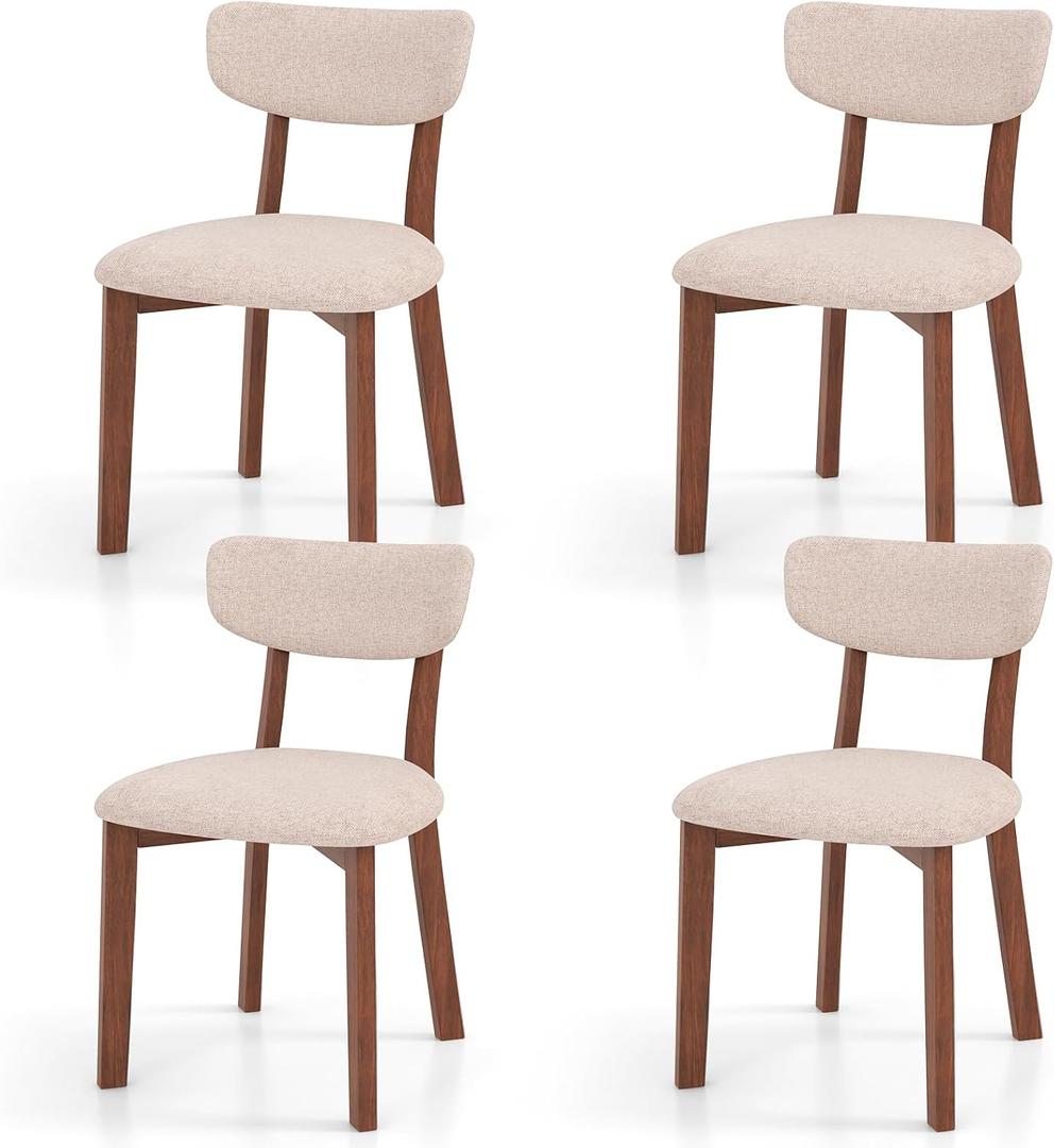 GOFLAME Dining Chairs Set of 4, Upholstered Mid-Back Kitchen Chairs with Solid Rubber Wood Frame, Curved Backrest & Padded Seat Cushion, Modern Armless Side Chairs for Dining Room, Beige