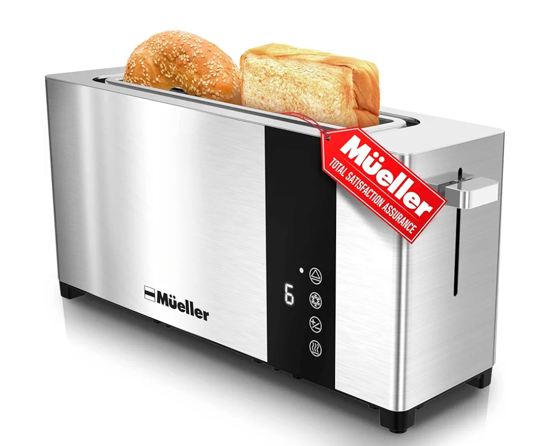 Mueller UltraToast Full Stainless Steel Toaster 2 Slice, Long Extra-Wide Slots with Removable Tray, Cancel/Defrost/Reheat Functions, 6 Browning Levels with LED Display, Housewarming Gifts New Home