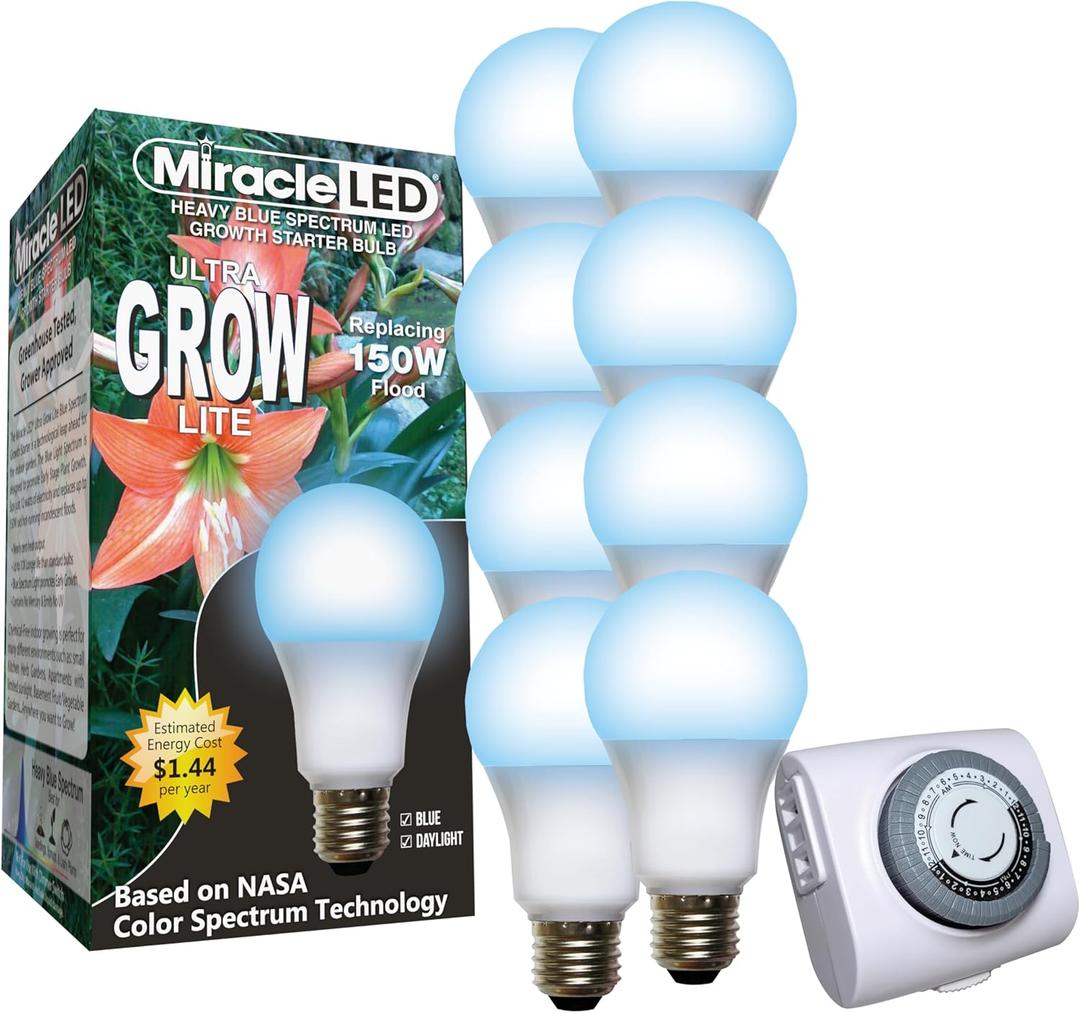 Miracle LED 12W Blue Spectrum Ultra Grow Light Replacing 150W (8-Pack) with Bonus SproutMatic Grow Light Timer