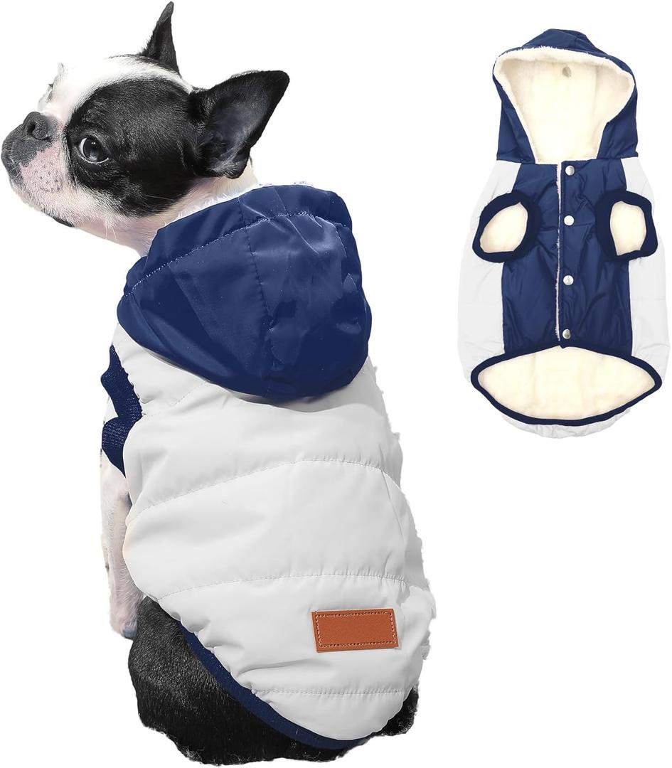 Fleece Lining Extra Warm Dog Hoodie in Winter for Small Dogs Jacket Puppy Coats with Hooded,Beige and Blue M (Medium (Pack of 1))