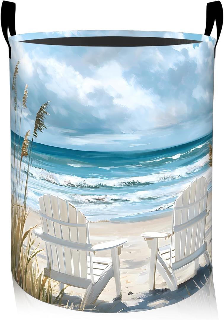 Coastal Laundry Basket, Oxford Cloth Nature Peaceful Dirty Clothes Collapsible Hamper for Room Decor, Ocean Beach and Chair Print Gifts Toy Organizer 19.7 * 15.8 Inch for Bedroom Bathroom Dorm