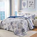 Qucover Coastal Quilt Sets King Size 106x98in, Reversible Microfiber Quilts with 2 Shams Soft Lightweight Beach Bedding Bedspread Coverlet Summer Comforter Set for All Season, Navy Blue