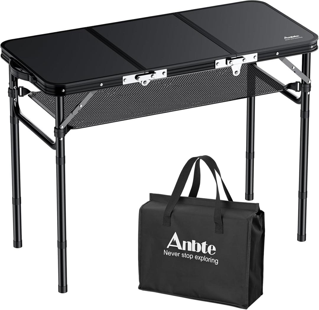 Folding Camping Table with Storage Net, 3ft Camping Table Aluminum Folding Table with 3 Adjustable Height Max 27.5 Inch Picnic Table Portable Table for Outdoor Backyard BBQ, Pure Black