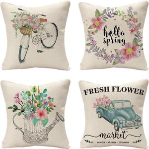 Tosewever Set of 4 Decorative Hello Spring 20 x 20 Inches Throw Pillow Covers - Bicycle Car Linen Square Pillow Cushion Case for Sofa Couch Bed Home Outdoor Car (20" x 20", Spring/Flower)