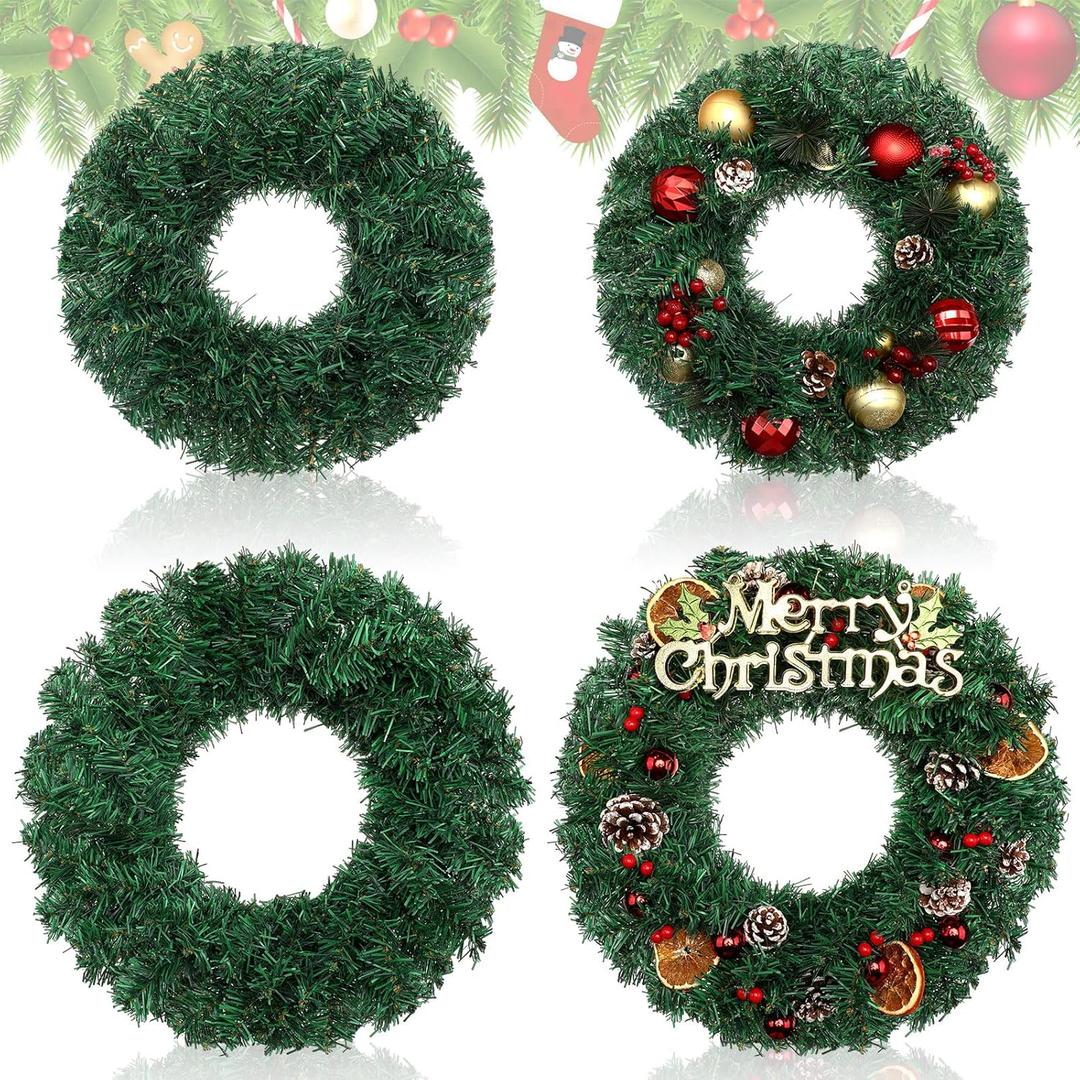 Hotop 4 Pcs Artificial Christmas Wreath for Front Door Christmas Green Farmhouse Wreath DIY Faux Plain Wreaths for Decorating Window Room Christmas Party Decor (12 Inches,14 Inches)