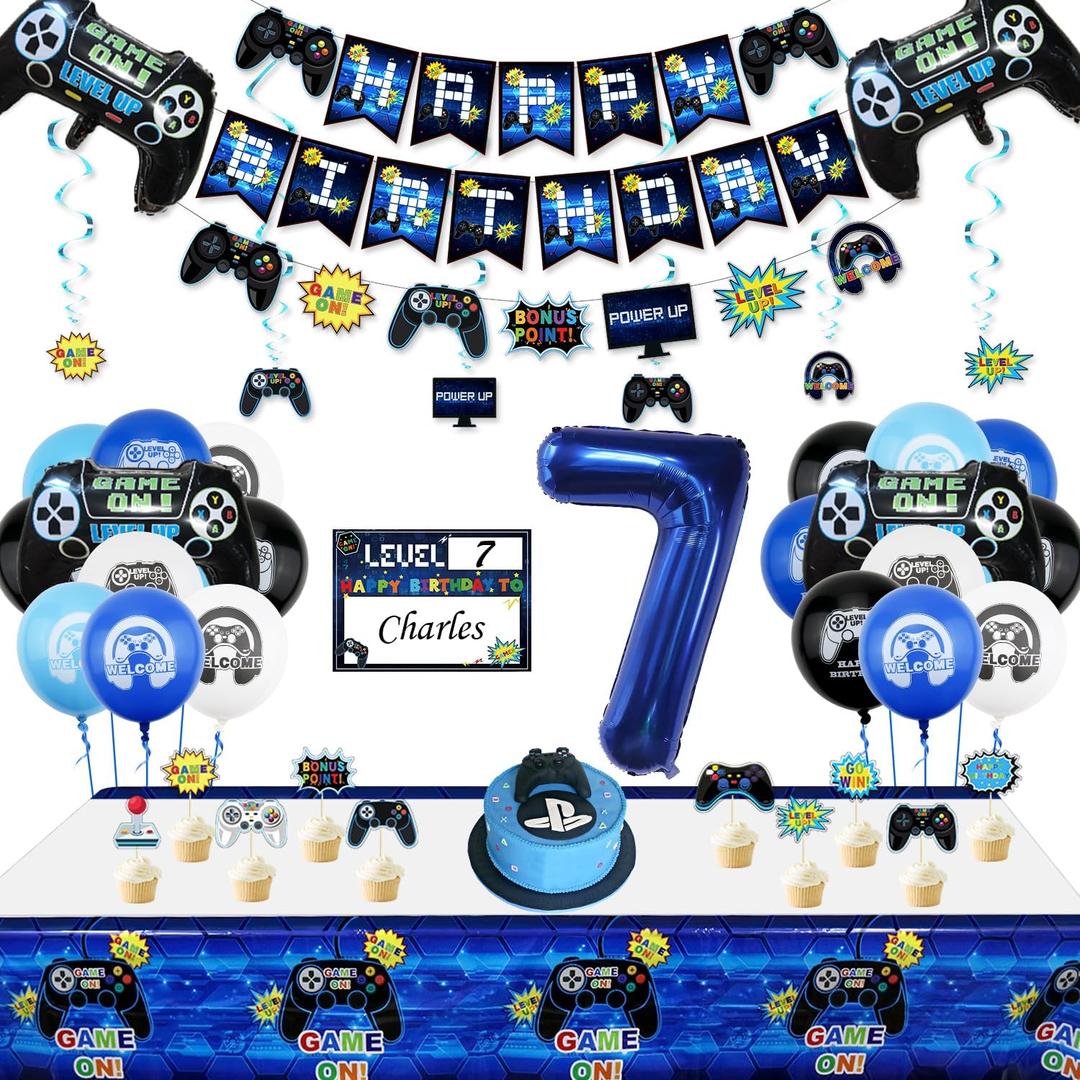 Video Game Party Decorations - 7th Birthday Decorations for Boys, HAPPY BIRTHDAY Banner, Video Game Balloons, Number 7 Blue Balloons, Gaming Hanging Swirls, Game On Birthday Party Supplies