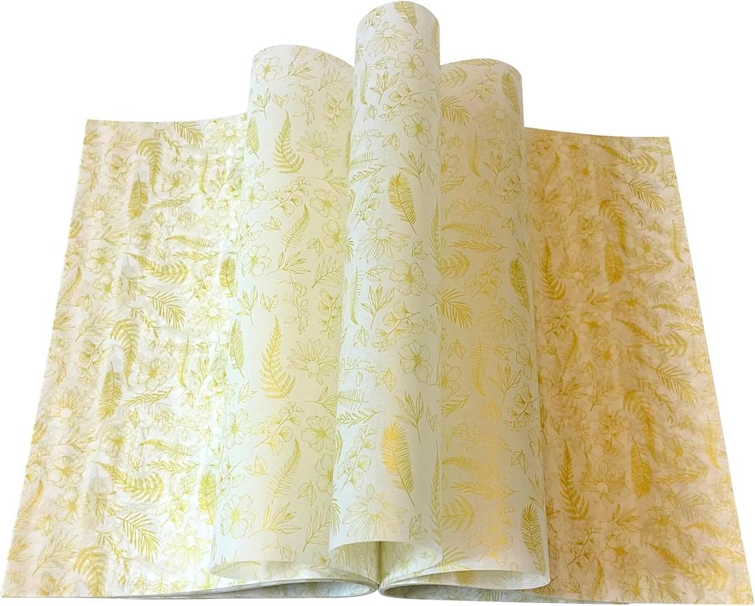 150 Gold Floral &Leave Printed Wax Paper, Food Picnic Paper, Greaseproof Paper, Waterproof Dry Hamburger Liners Wrapping Tissue for Plastic Food Basket (Gold)