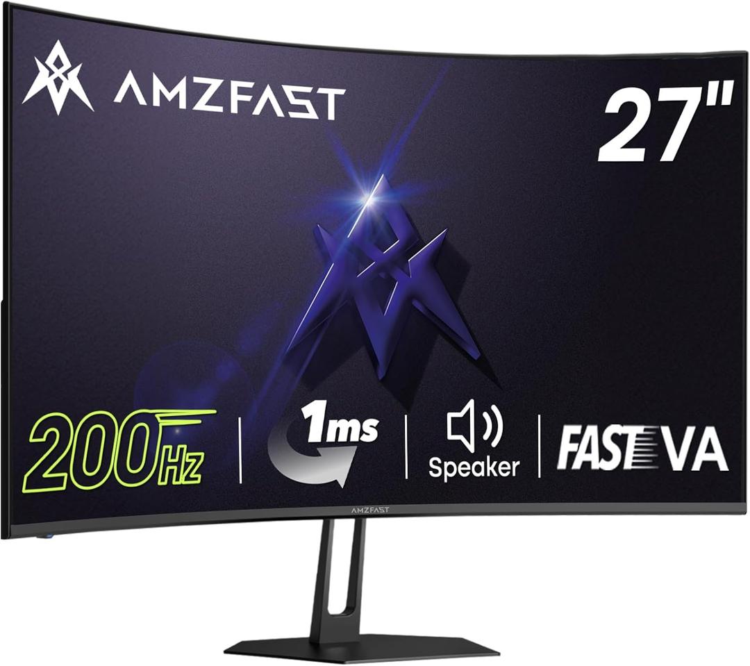 Amzfast 27 inch 200Hz Curved Gaming Monitor, FHD 1080P Computer Monitor with Built-in Speakers, MPRT 1ms with Fast VA Panel | 130% sRGB, 3000:1,1500R