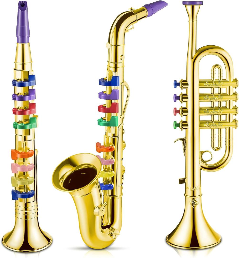 Lewtemi Set of 3 Saxophone for Kids Christmas Musical Instruments Toy Saxophone Toy Trumpet and Clarinet with 8 Colored Coded Keys Teaching Songs Gifts for Toddlers Children(Gold)
