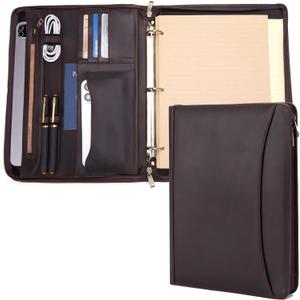 3 Ring Binder Genuine Leather Portfolio, Front Pocket, 8.5 x 11 Legal Pad Padfolio for Men and Women, Zip Notepad Laptop Organizer, Professional Business Executive Work Folio, Dark Brown (Regular)