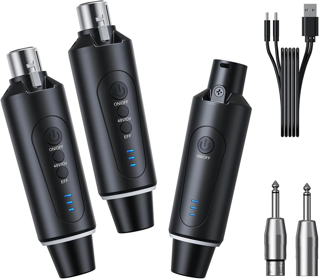 Wireless XLR Microphone Transmitter and Receiver System, 2.4G 1-to-2 Mode, 160ft Range, USB Rechargeable, Plug & Play, for Interviews, Duets