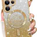 Fiyart Designed for Samsung Galaxy S24 Ultra Case,Compatible with MagSafe Love Heart Plating Camera Protection Clear Glitter Magnetic for Women Girls Shockproof Phone Cover Bumper 6.8"-Gold