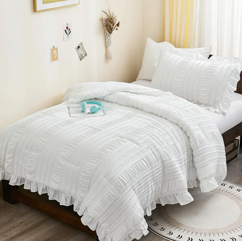 WONGS BEDDING Comforter Full Size, White Ruffle Comforter for Dorm Room Essentials for Full Bed, Soft Seersucker Textured Bedding Set Full Size Comforter Sets for Girls 90"×78"