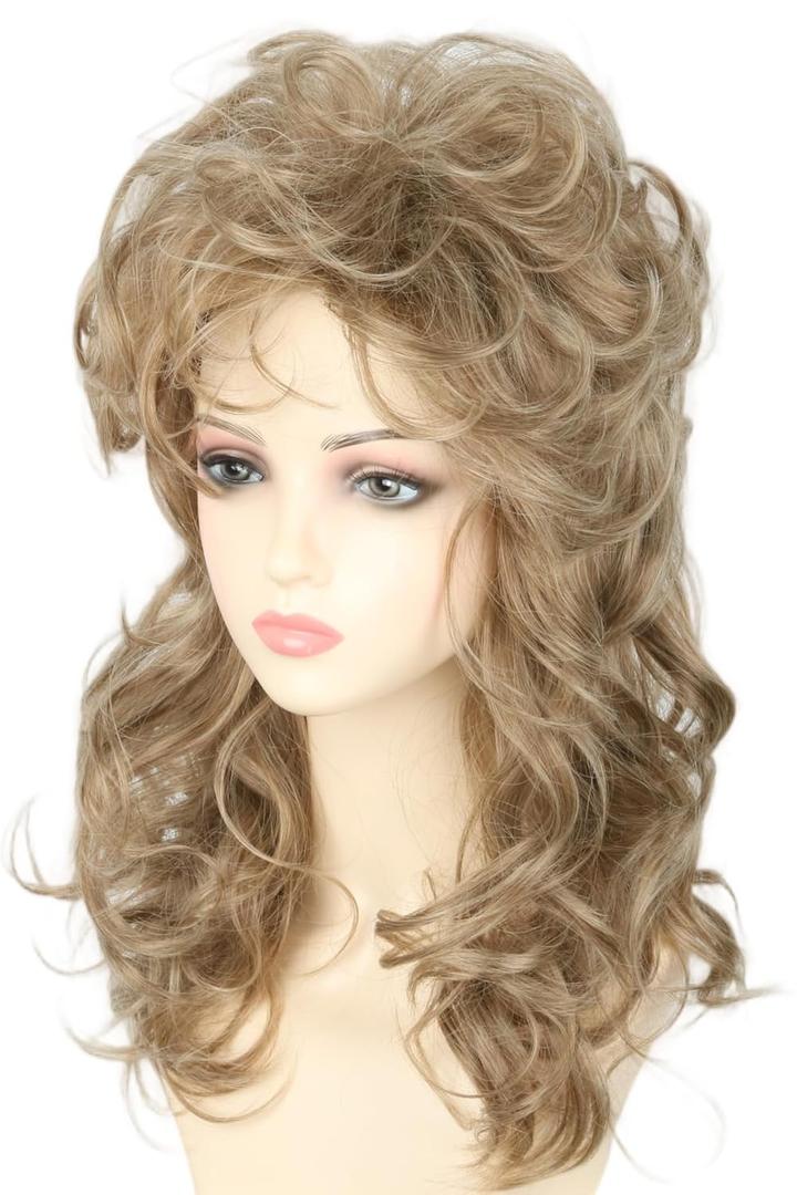 Women's Wigs 70s 80s Fashion Singer Wigs Golden Brown Long Curly Beehive Wigs for Halloween Costume Party Wig