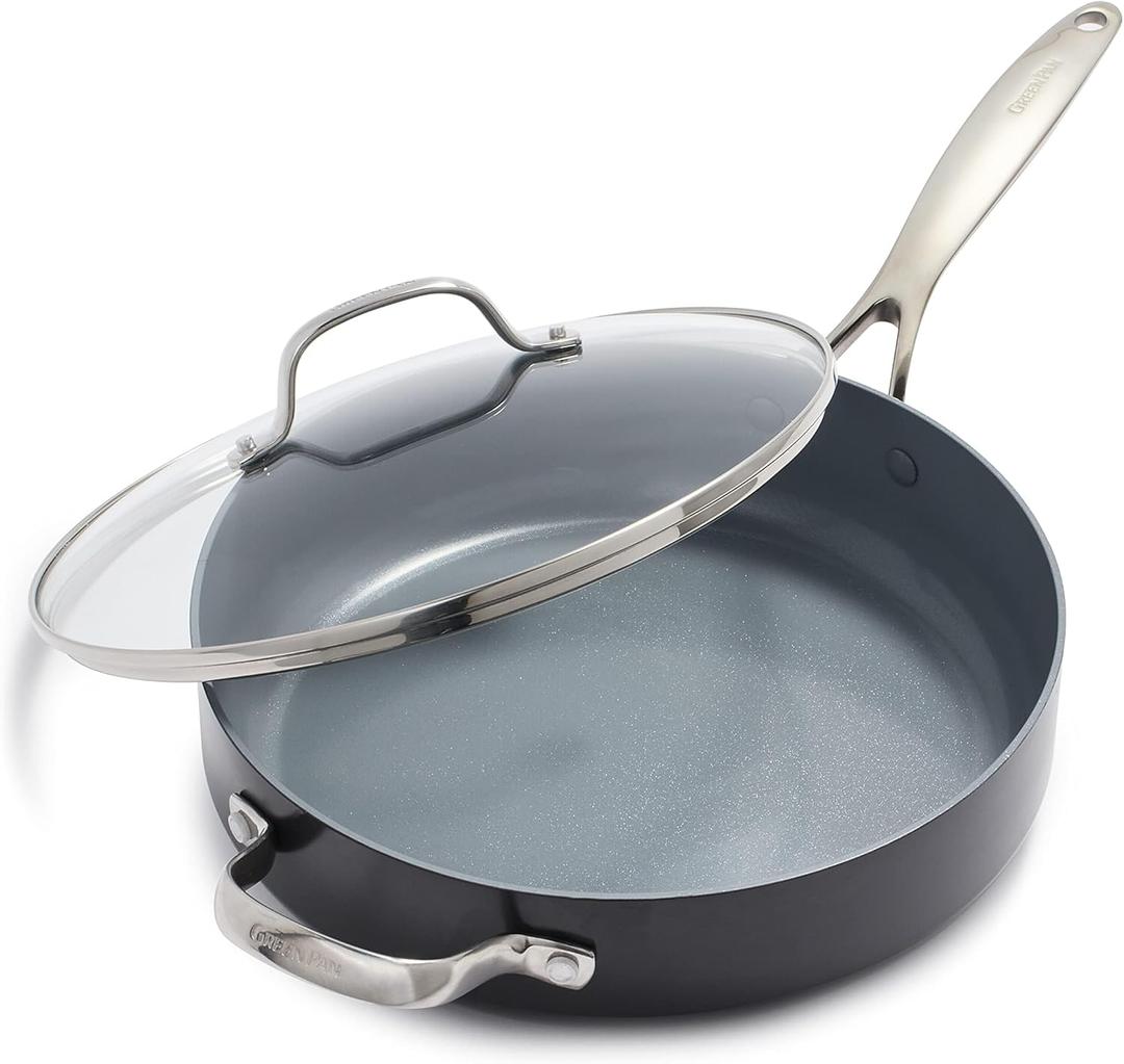 GreenPan Valencia Pro Hard Anodized Healthy Ceramic Nonstick 4.5QT Saute Pan Jumbo Cooker with Lid, PFAS-Free, Induction, Dishwasher Safe, Oven Safe, Gray, 4.4 Quarts