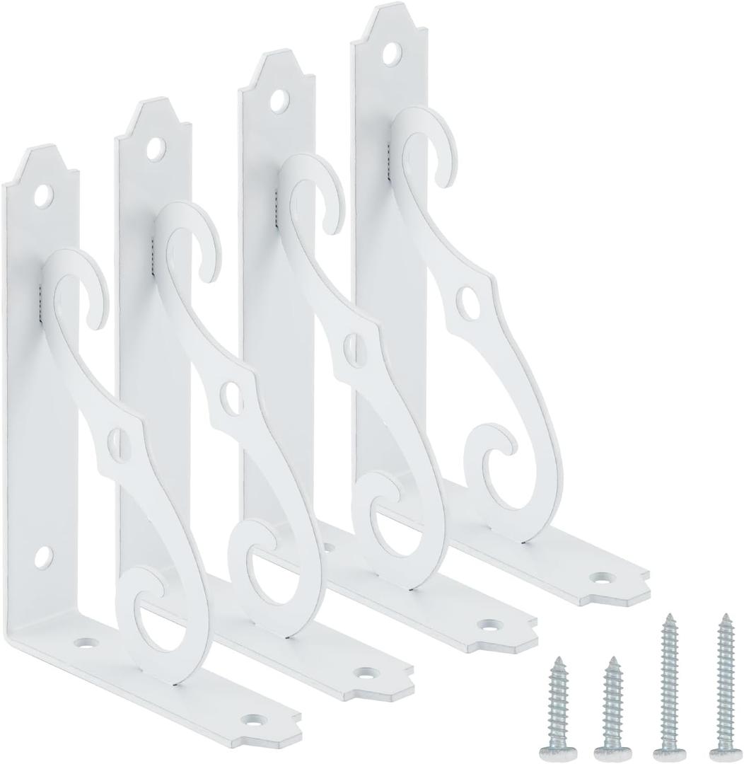 HOME MASTER HARDWARE Decorative Shelf Brackets 5x3-1/2 in Wall Mounted Floating Shelf Bracket L Heavy Duty Support Corner Brace Joint Right Angle Bracket for DIY Open Shelving with Screws White 4 Pcs