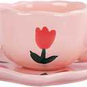 Coffee Mugs Set with Saucer Cute Pink Tulip Cup Gifts for Women for Birthday Tea Coffee Mug 250 ML Ceramic Cup Birthday Gift for Women Girls Mom Friend Coffee Mug Tea Cup Saucer Set