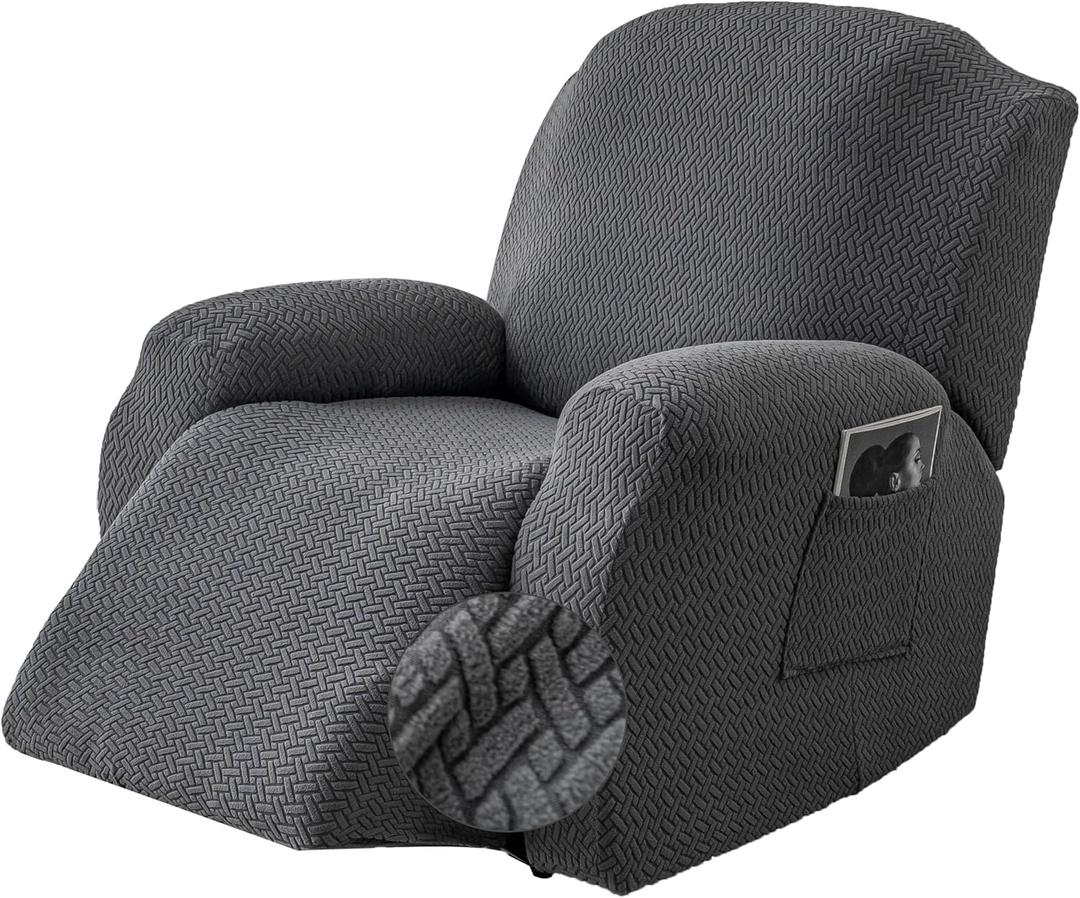 Genina Recliner Chair Cover, Stretch Reclining Chair Covers, Recliner Sofa Slipcovers Stripe Jacquard Lazy Couch Covers Furniture Protector Covers for Pet Kid (1 Seater, Dark Gray)