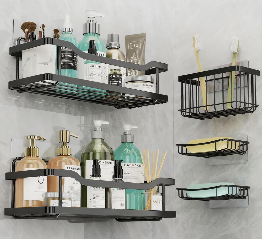 OMAIRA 5-Pack Shower Caddy with Soap Holder, Adhesive Rustproof No-drill Strudy Loading Inside Shower Organizer Shelves Rack Storage Bathroom Organization for Smooth Wall Glass Tile, Black (X-Large)