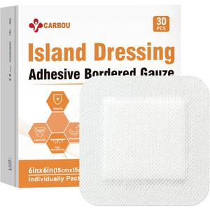 [6''x6''-30count] Carbou Island Dressing Bordered Gauze Sterile Individually Wrapped Gauze Pads,Highly Absorbent Adhesive Dressing Pad,Soft and Breathable Wound Dressing for Wound Care