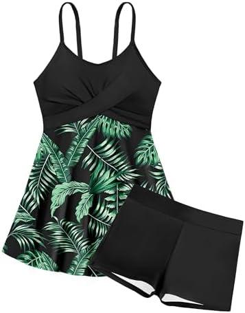Girls Swimsuits Criss Cross Tropical Print Mesh Dress Bathing Suits with Shorts 2 Piece Tankini for Teens, Size: 15-16 Years
