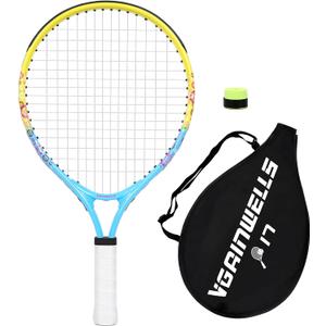 17" Kids Tennis Racket, Lightweight and Durable, Including 1 Toddler Tennis Racket and 1 Replacement Grip Tapes (Yellow Blue)