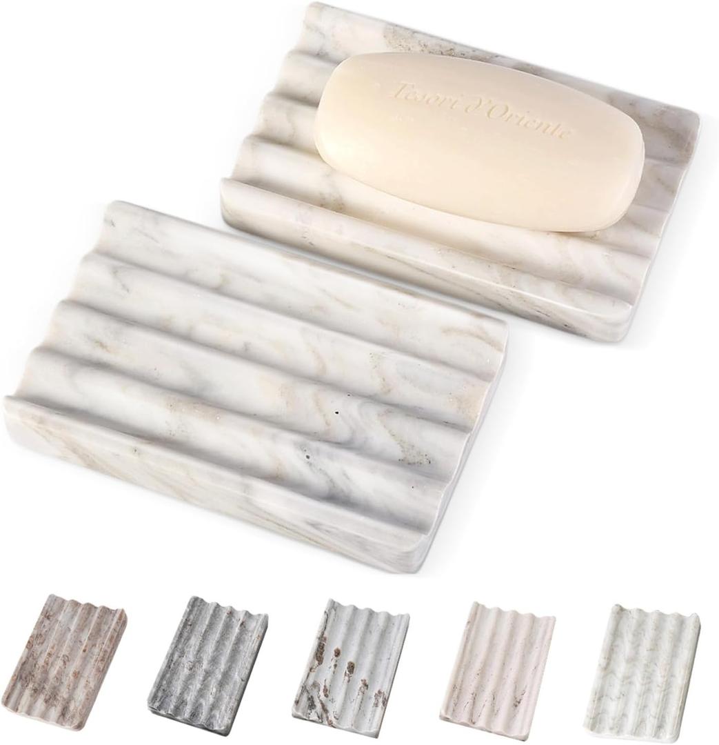 2PCS Koville Italian Natural Marble Soap Dish for Shower, Multi-Color Stone Soap Tray for Bathroom, Bar Soap Holder for Sink, Stripe Grooves Soap Saver Sponge Holder (White/Brown Random) (Palissandro Classico White)