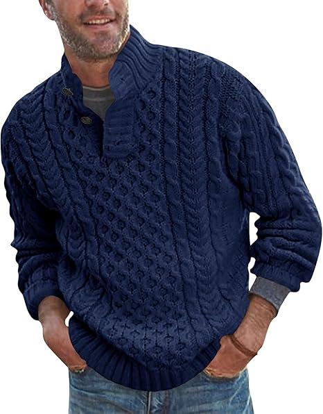 Bbalizko Mens Stand Collar Pullover Sweater Cable Knitted Chunky Winter Fashion Buttons Twisted Thermal Sweaters, Size: XL