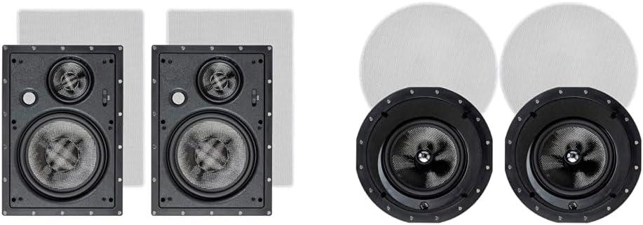 Monoprice Carbon Fiber 8-Inch 3-Way in Wall Speakers Pair with 2-Way 8-Inch in-Ceiling Speakers Pair