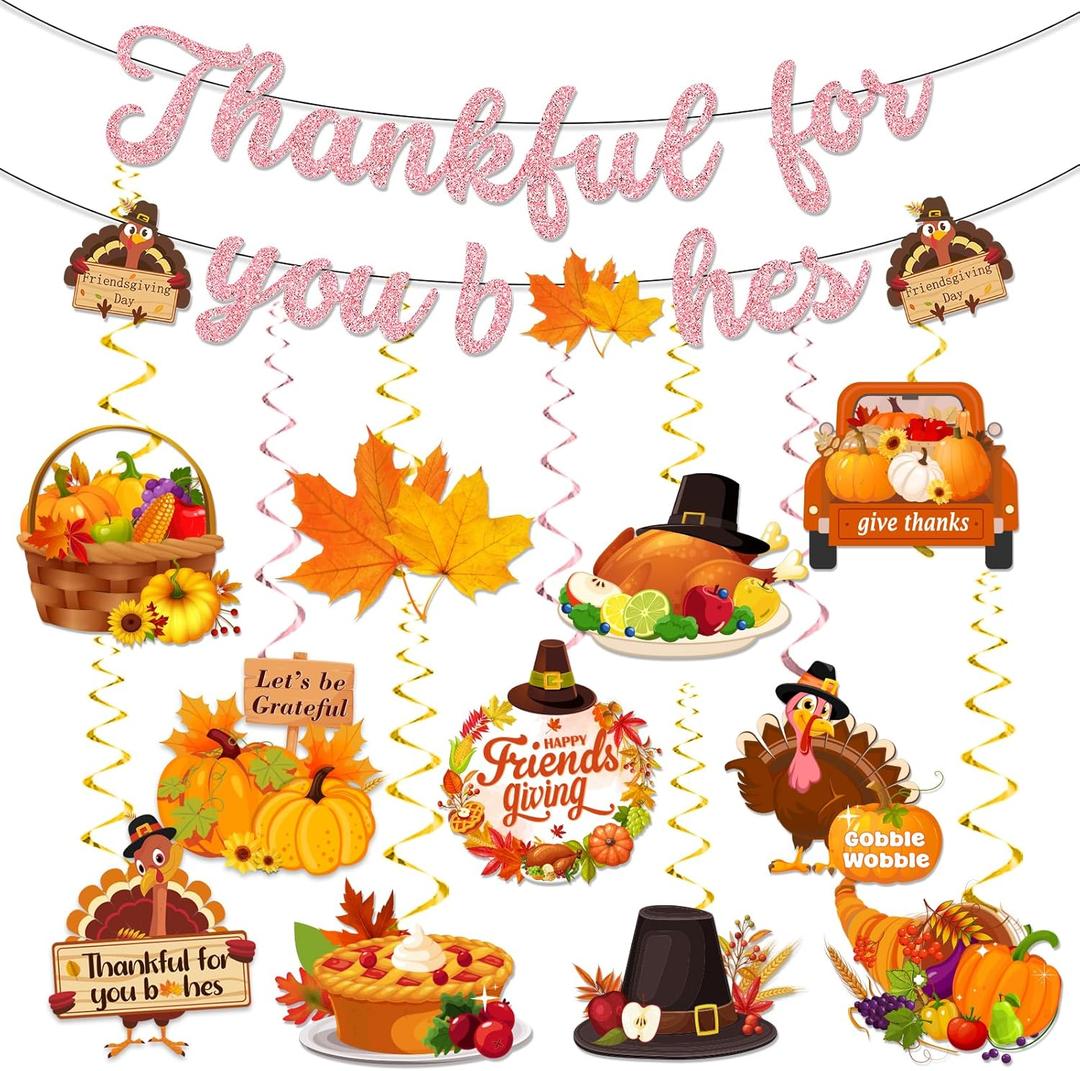 3 x Thanksgiving Party Decorations, Thankful for You Banner Gold GlitterThanksgiving Decor Hanging Swirls for Friendsgiving Party Decorations Supplies