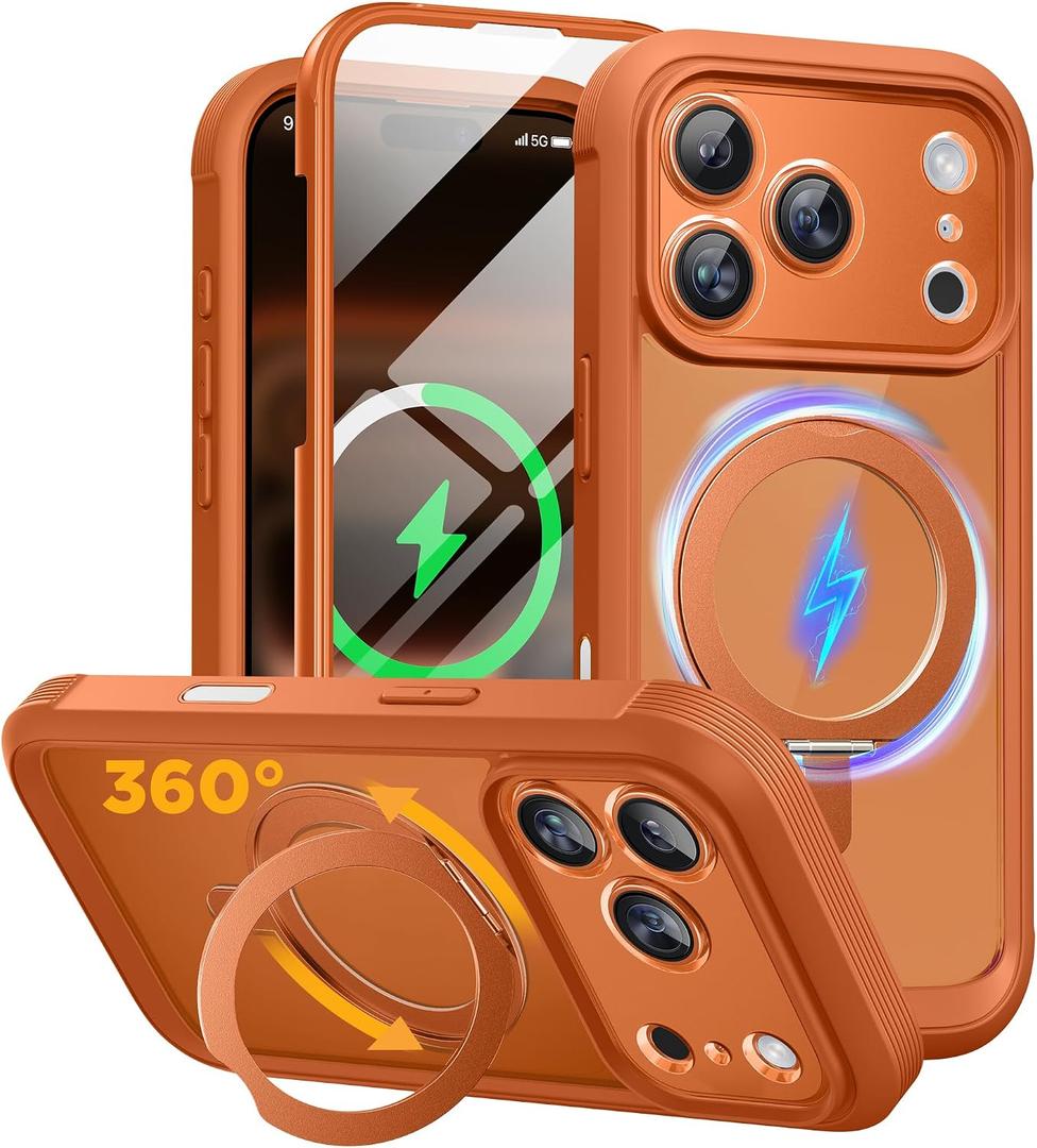 Miracase for iPhone 17 Pro Case with 360 Spin Magnetic Stand, Full-Body Phone Case with Built-in Glass Screen Protector & Camera Control, Drop Proof iPhone 17 Pro Cover, Orange