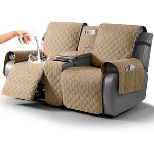 TAOCOCO 100% Waterproof Loveseat Recliner Cover with Center Console, Reversible Reclining Couch Cover for 2 Seats with Leg Straps, Washable Split Sofa Cover Protector for Pets Kids (Camel)