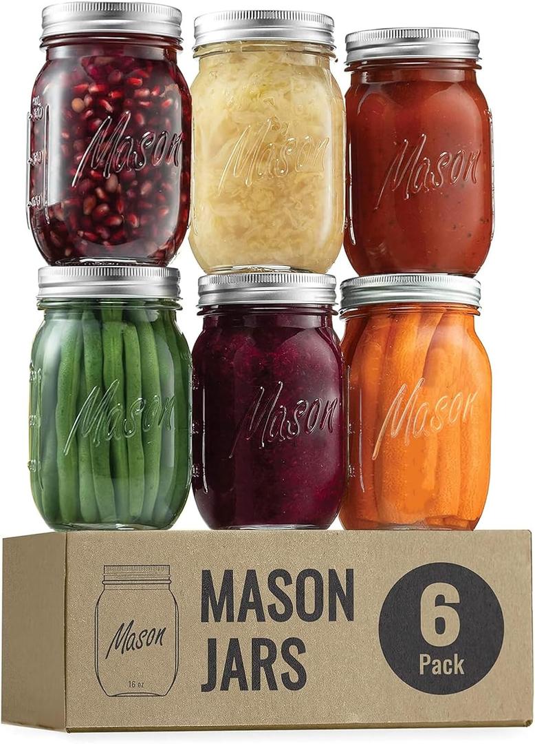 Classic 16 Oz Mason Jars, 6 Pack Canning Jars, Regular Mouth, Airtight & Leak Proof, Dishwasher Safe, Microwave & Freezer Safe, 3.2 x 4.5 x 5.5 inches