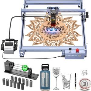 CREALITY FALCON 10w Laser Engraver with Air Assist, Laser Engraving Machine with Rotary Roller, 72W High Precision Laser Cutter and Engraver for Wood, Metal, Acrylic, Cylindrical Objects, Tumblers