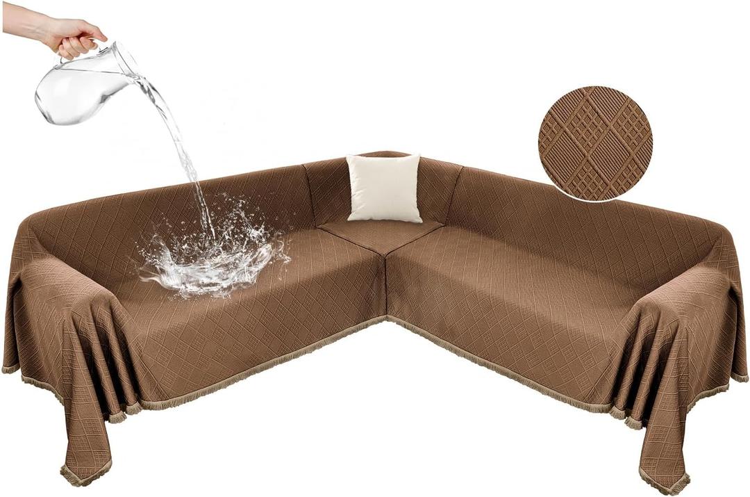 HYZOTEX Waterproof Sectional Couch Covers Sectional Sofa Cover L Shaped Corner Sofa Slipcovers Blanket for Dogs Pets Washable Jacquard Quilted L Shape Furniture Protector (75x276 in, Light Brown)