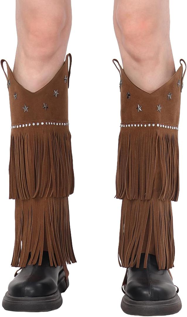FURPHI Western Cowboy Fringe Boot Covers Tassels Cowgirl Leg Covers Halloween Cosplay Costume Accessories for Women (Brown)