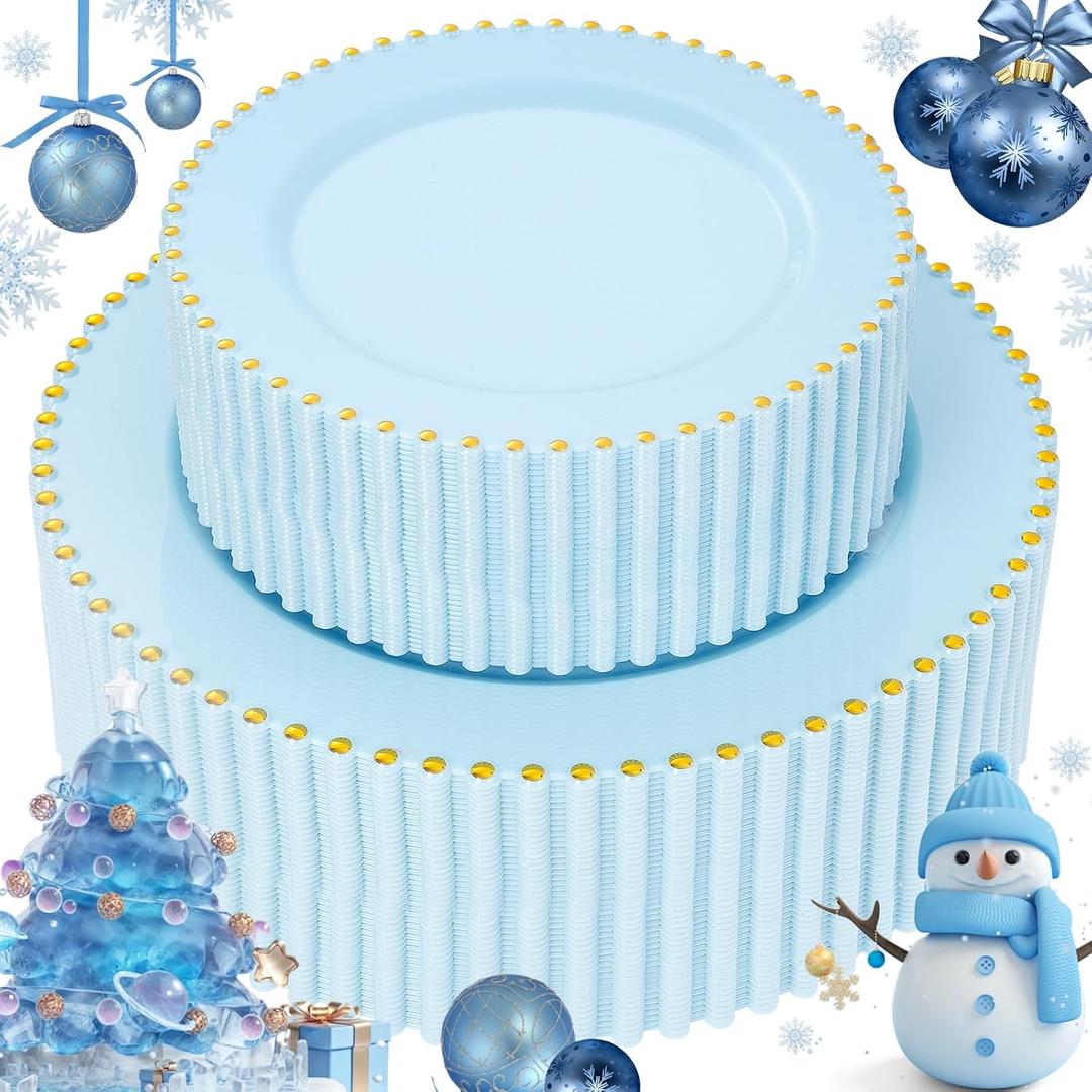 supernal 100PCS Blue Plastic Plates with Gold Beads - Disposable Heavy Duty Elegant Light Blue Plastic Plates Set Include 50 Dinner Plate and 50 Dessert Plate Perfect for Wedding, Birthday & Party