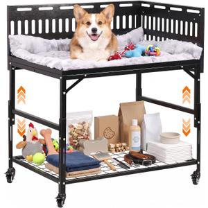 Bedside Dog Bed for Large Dogs, 35.4"x24.6" Dual Height Adjustable Pet Bed, Sturdy Metal Frame with 2-Side Guardrail, Bottom Storage Shelf & Washable Plush Mat