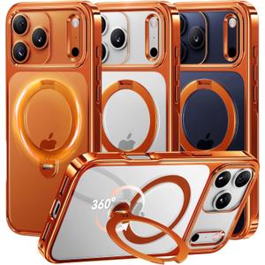 CASEKOO Cosmic Orange Glossy for iPhone 17 Pro Max Case [360 Spin Magnetic Stand][Fit for MagSafe][17FT Military Protection] Slim Polished Frame Titanium Alloy Sturdy Stand 6.9", Cosmic Orange